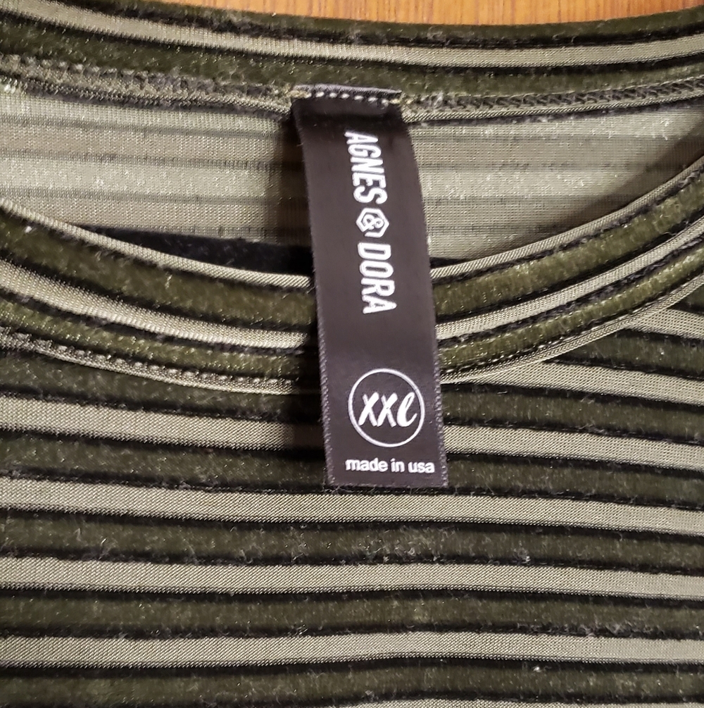Agnes & Dora Olive Green Striped Velvet 3/4 Sleeve Top - Picture 2 of 5